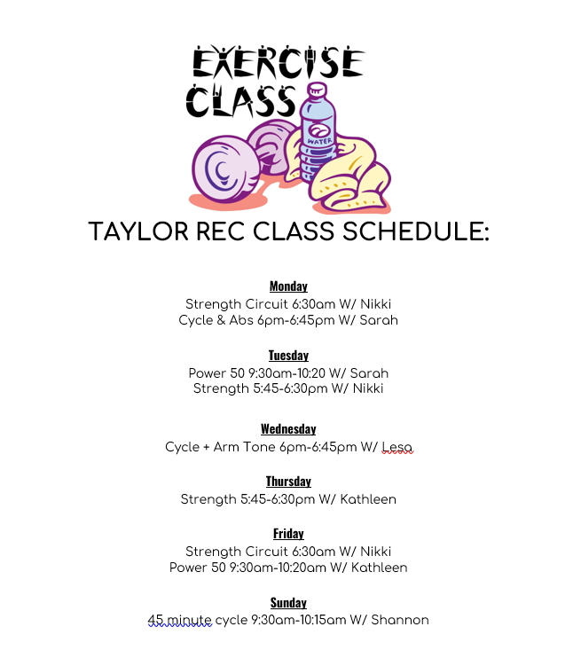 Weekly exercise class schedule for the Taylor Recreation Center showing class names and times