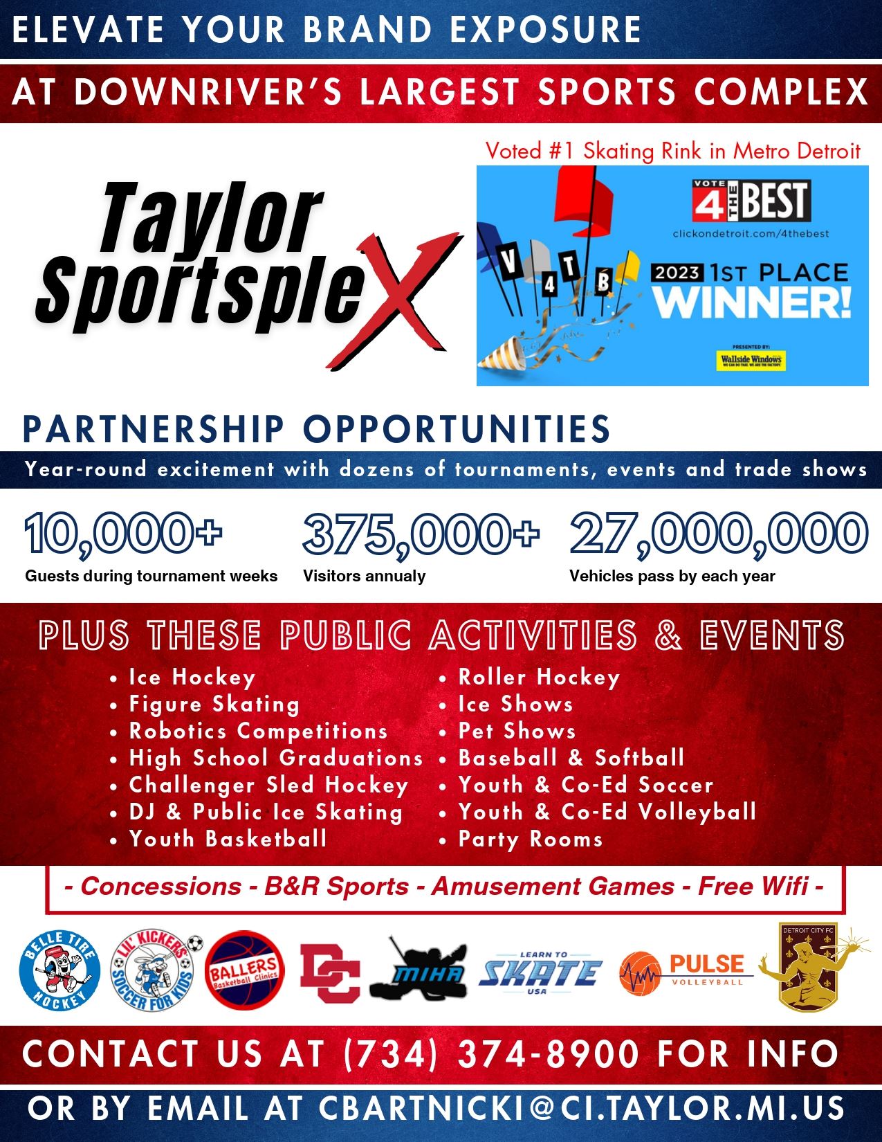 Flyer promoting partnership opportunities at the Taylor Sportsplex in Taylor, Michigan