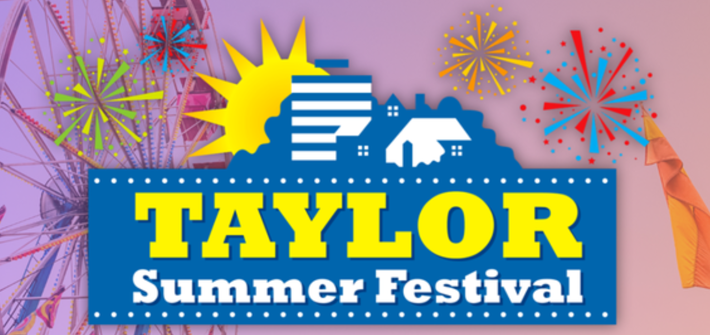 The Taylor Summer Festival brand features the sun, fireworks and carnival wheel behind the city logo